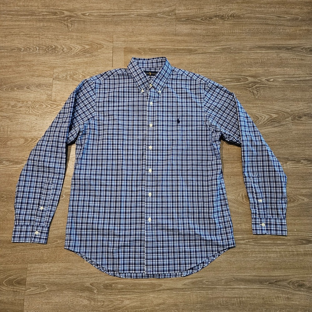 Ralph Lauren Button Down Shirt Men Large Blue Plaid Pony Long Sleeve Cotton
